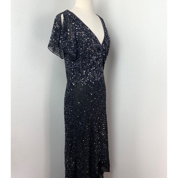 Vintage Black Bead Sequin Maxi Evening Dress Size 6 Formal Party Glam Goth Noir - Picture 11 of 13